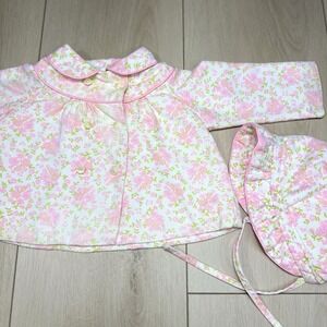 Vintage Baby Girl Pink Floral Jacket Coat + Bonnet Hat Set Thomas 18M Cotton